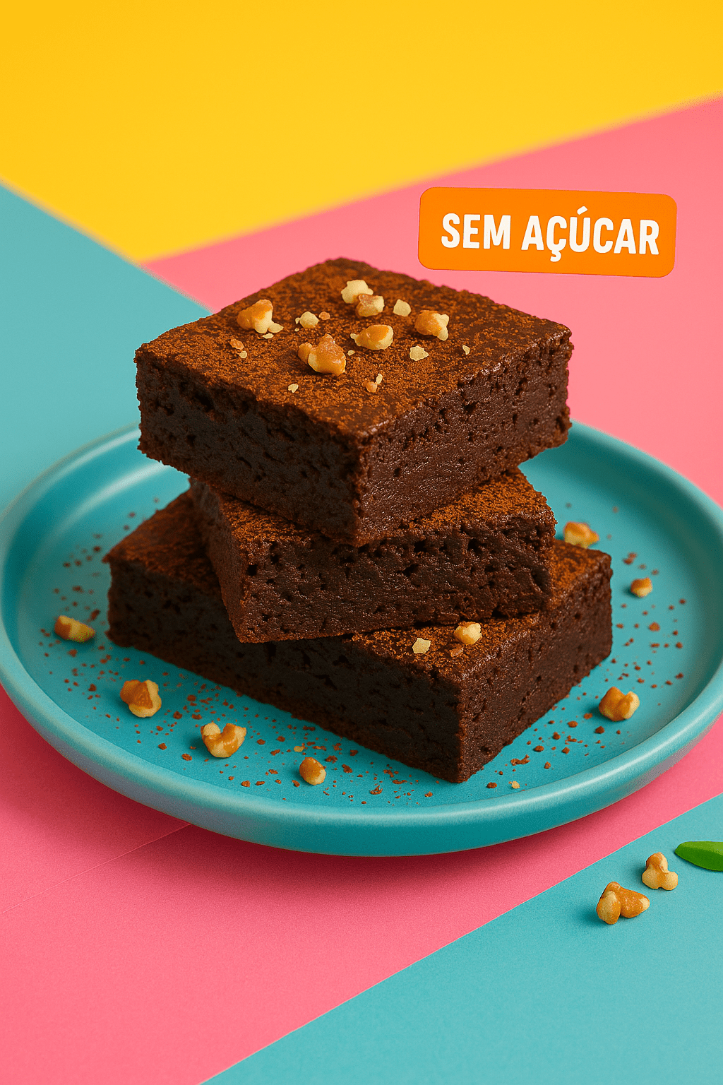 Brownies low carb empilhados em prato turquesa, cobertos com cacau e nozes, com fundo vibrante em rosa, amarelo e azul, estilo visual Chefia.