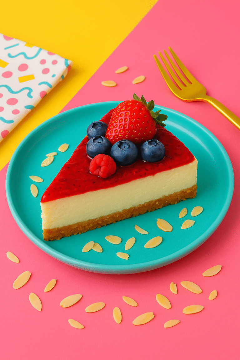 Cheesecake low carb com base de farinha de amêndoas, cobertura de frutas vermelhas e morango, servida em prato turquesa sobre fundo vibrante rosa e amarelo.