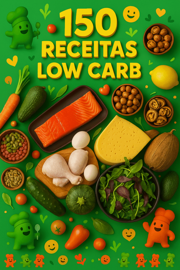 Capa do eBook "150 Receitas Low Carb" com fundo verde vibrante, ingredientes saudáveis como salmão, frango, queijo, legumes, ovos e folhas verdes, acompanhados por personagens lúdicos Chefia em estilo food fun.