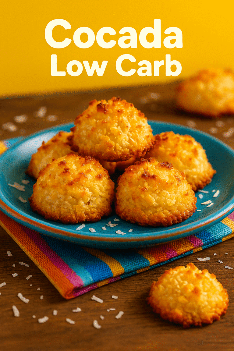 Cocada low carb dourada e crocante, servida sobre prato azul com pano colorido, fundo vibrante amarelo e detalhes de coco ralado.