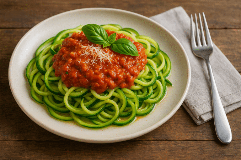 Espaguete de abobrinha servido com molho de tomate caseiro, decorado com folhas de manjericão e queijo parmesão ralado, apresentado em prato claro sobre mesa rústica com talher de inox ao lado.