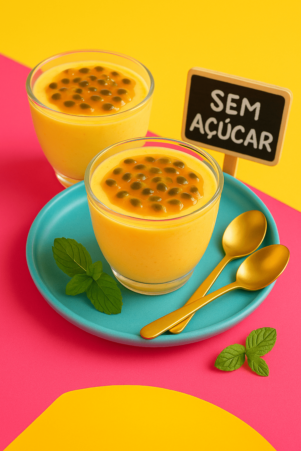 Mousse de maracujá low carb em taças transparentes sobre prato azul, com calda natural e folhas de hortelã, em fundo vibrante amarelo e rosa