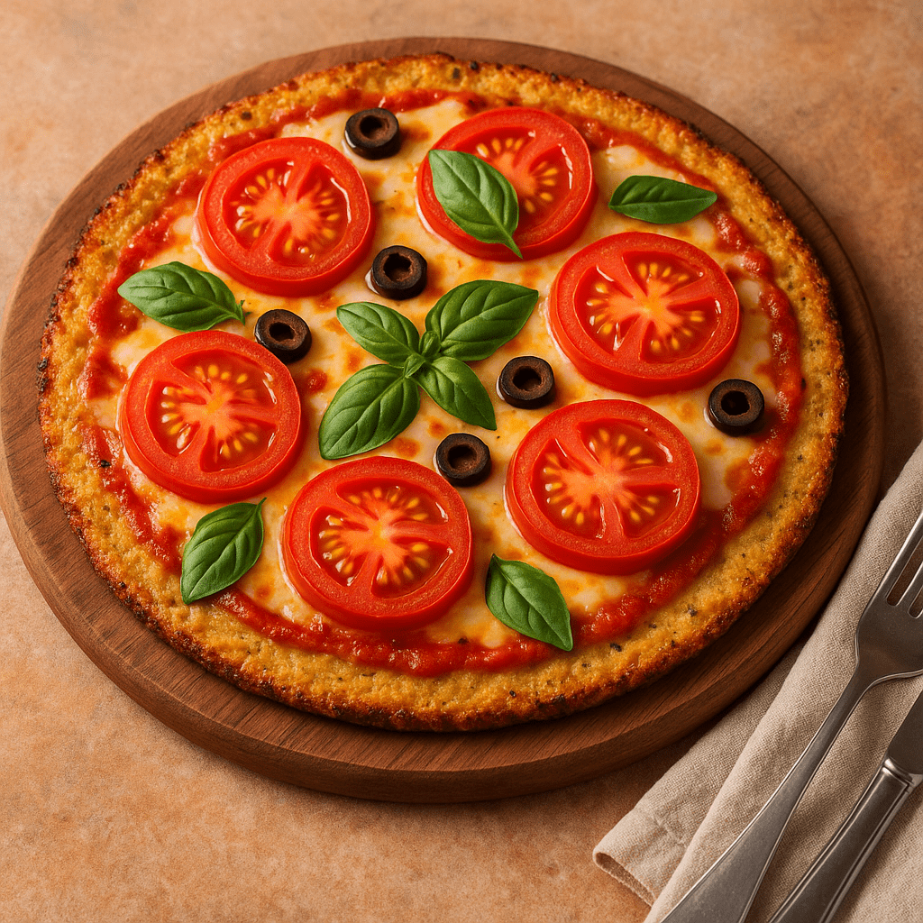 Pizza de couve-flor low carb com massa dourada, coberta com rodelas de tomate, folhas de manjericão fresco e azeitonas pretas, servida sobre tábua de madeira com talheres ao lado.