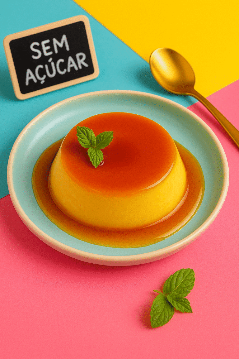 Pudim low carb com calda brilhante, decorado com hortelã sobre prato azul claro, em fundo vibrante com tons rosa, amarelo e azul e colher dourada.