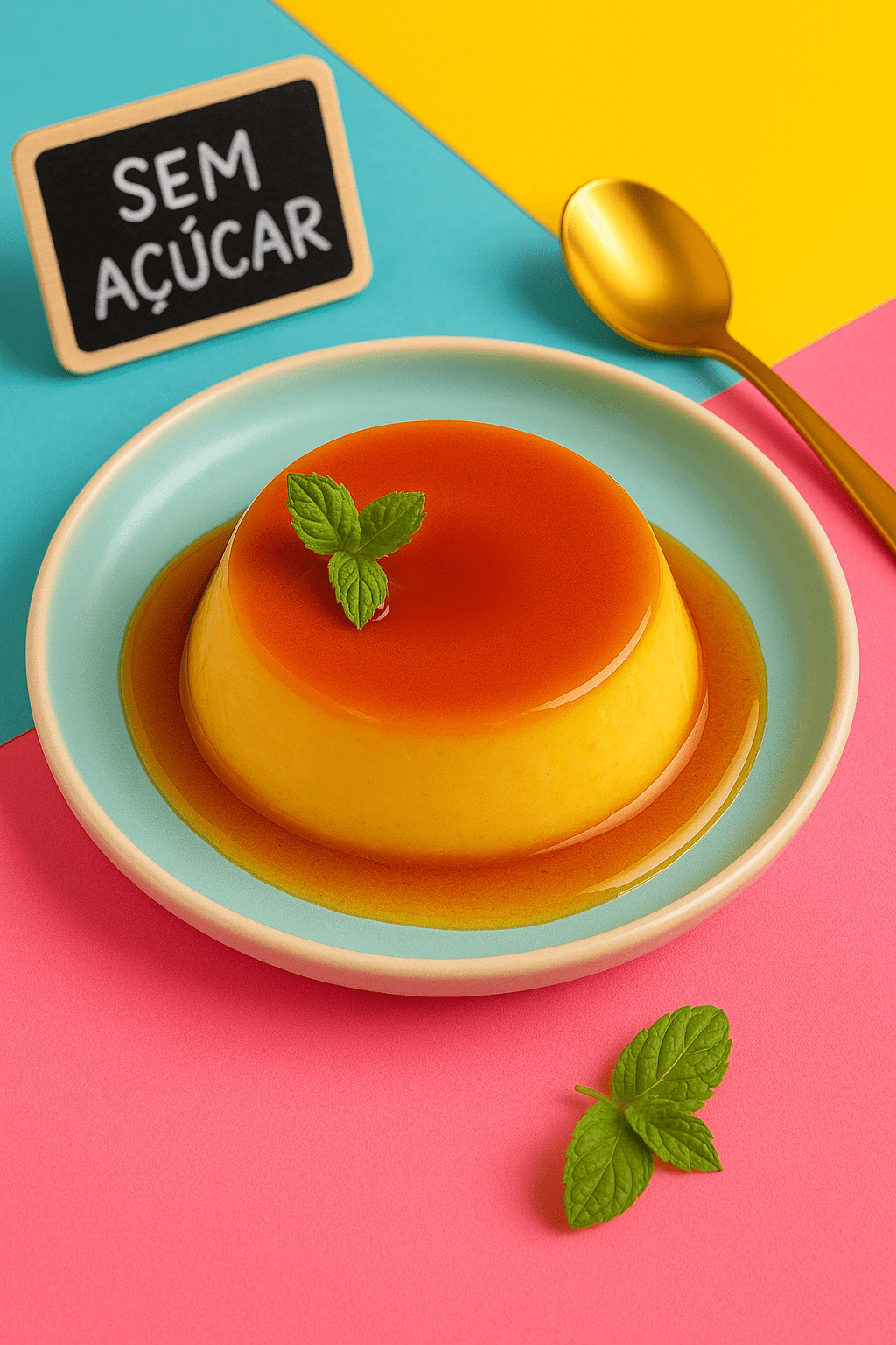 Pudim low carb com calda brilhante, decorado com hortelã sobre prato azul claro, em fundo vibrante com tons rosa, amarelo e azul e colher dourada.