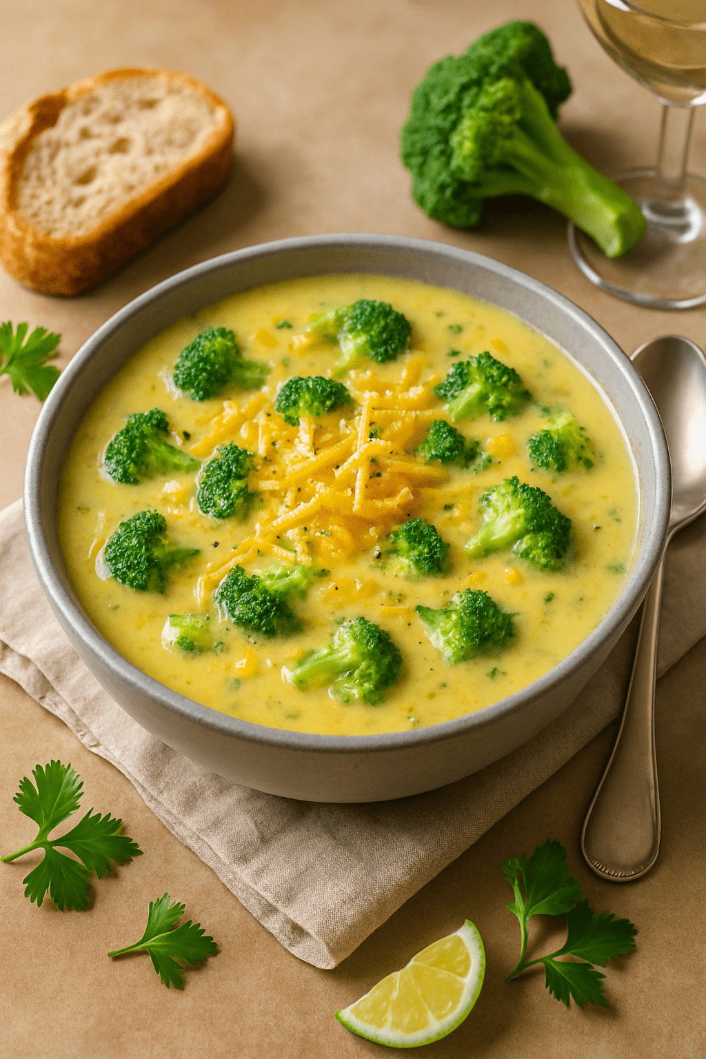 Sopa cremosa de brócolis com queijo servida em tigela de cerâmica cinza, decorada com queijo ralado e pimenta preta, acompanhada de pão rústico e ervas frescas.