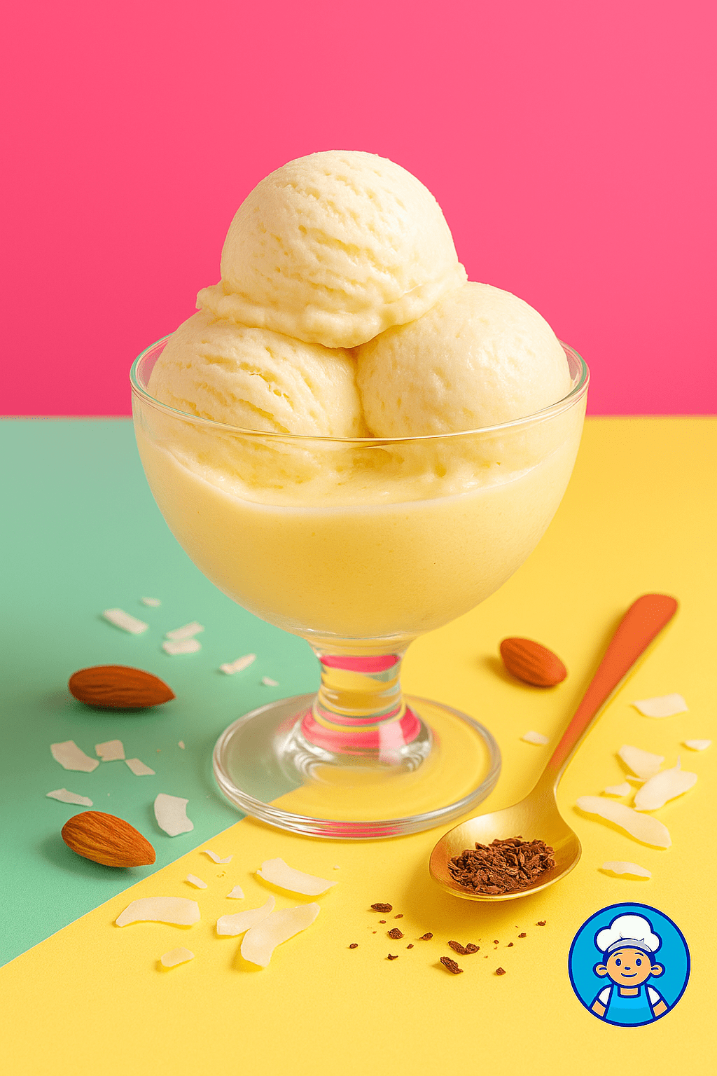 Sorvete low carb cremoso servido em taça de vidro, com três bolas sobrepostas, decorado com amêndoas e lascas de coco sobre fundo vibrante rosa, amarelo e verde.