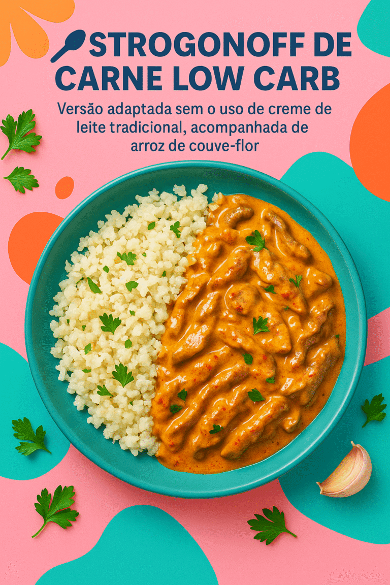 Prato de strogonoff de carne low carb cremoso, servido com arroz de couve-flor, decorado com salsinha fresca, em fundo colorido e vibrante com tons de rosa, laranja e verde.