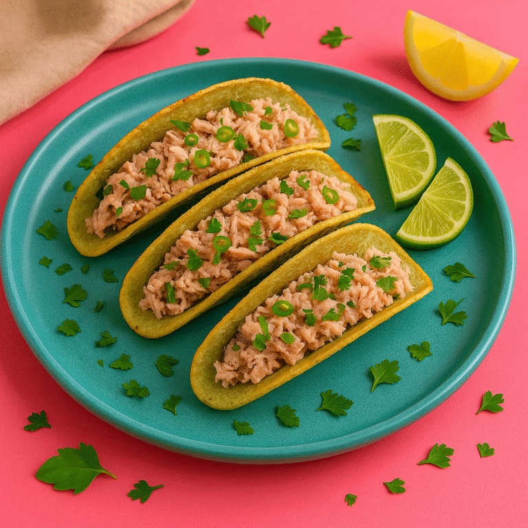 Tacos low carb com massa de coco e recheio cremoso de atum com ervas, servidos em prato azul sobre fundo colorido, com folhas de coentro e limão ao redor.